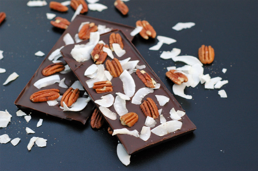 Chocolate bark with pecans and coconut slivers on top