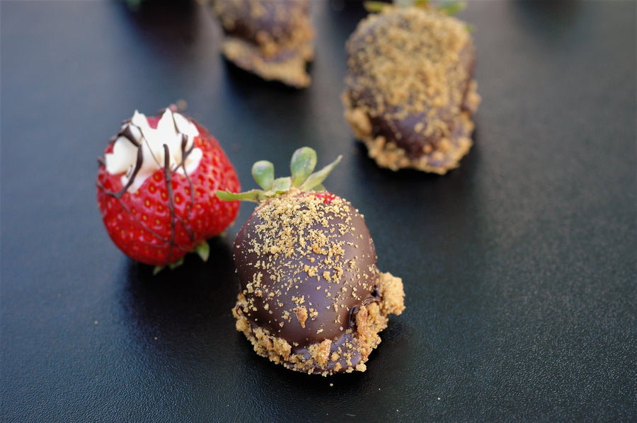 Strawberries filled with a cheesecake cream and coated in Belgian chocolate
