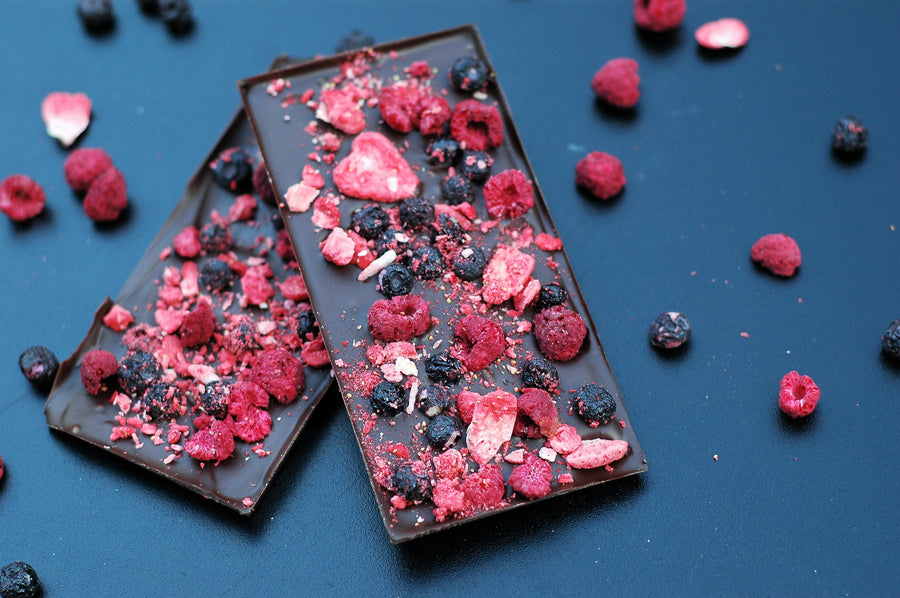 Chocolate bark topped with strawberries, blueberries, and raspberries